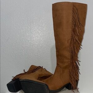 Brown Fringe Knee-High Boots